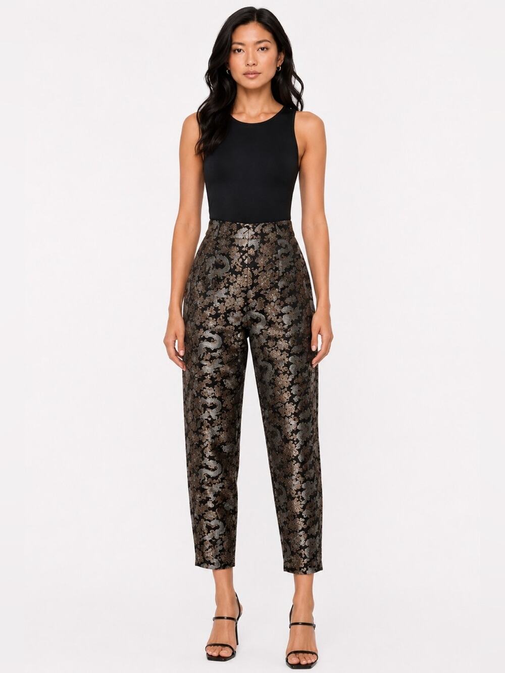 Vintage Womens Dragon Brocade Satin Ankle Capri Pants Sz 4 Asian Jacquard Gold